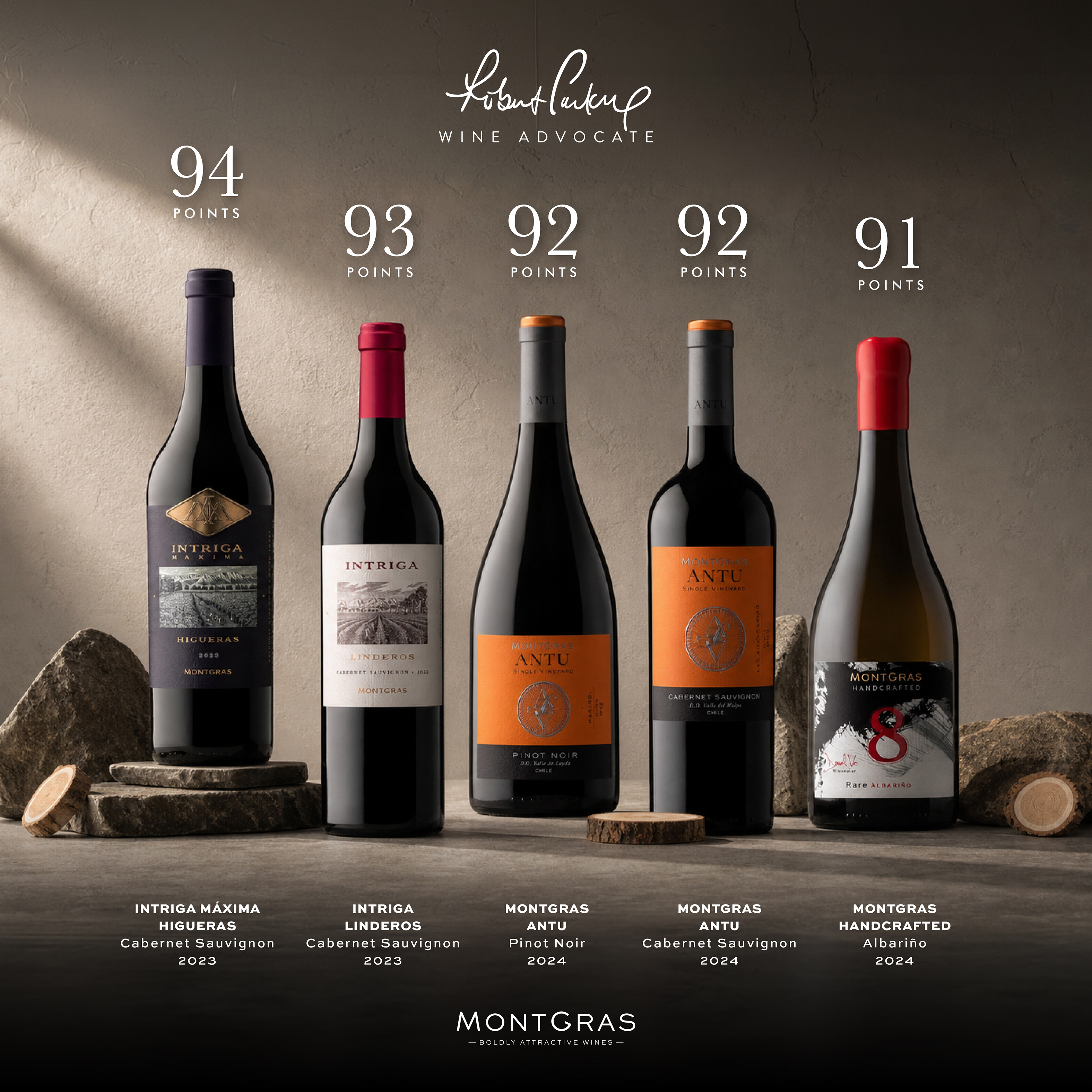 MontGras wines awarded by Robert Parker Wine Advocate 2026, including Intriga, ANTU Cabernet Sauvignon, ANTU Pinot Noir and Handcrafted Albariño.