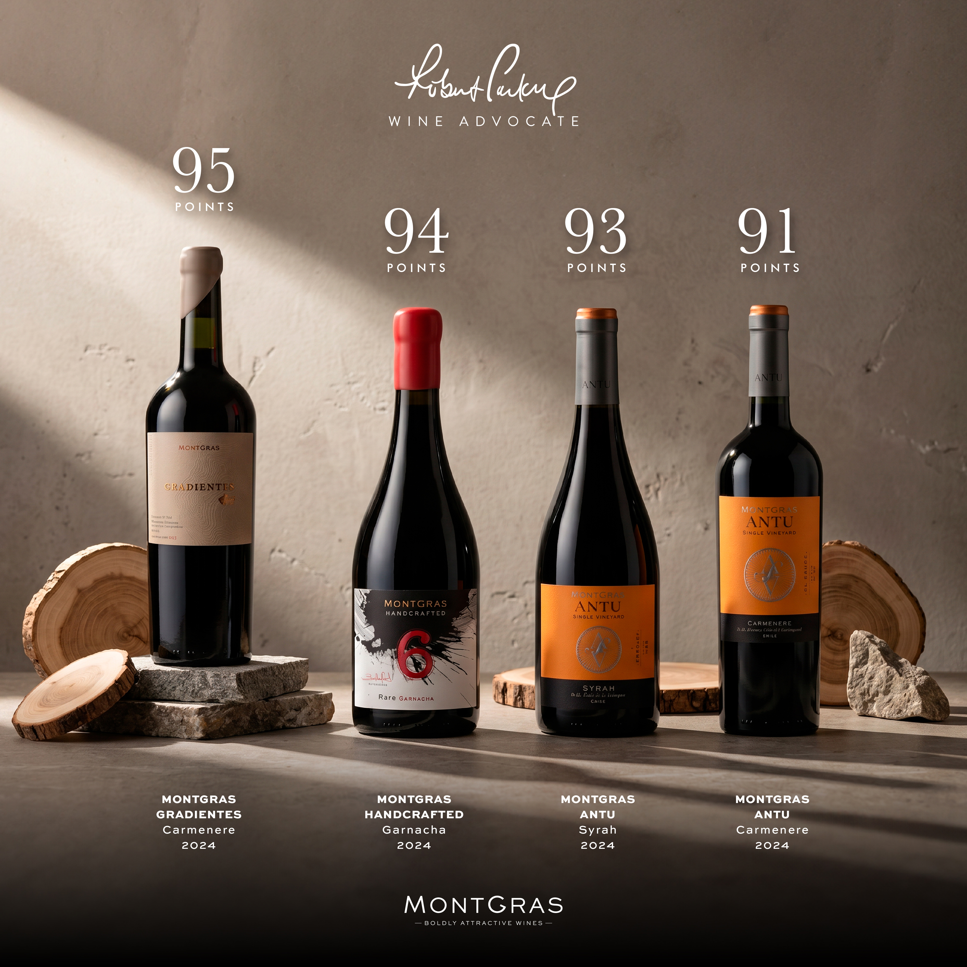 MontGras Robert Parker Wine Advocate 2026 scores featuring Gradientes Carmenere, Handcrafted Garnacha, ANTU Syrah and ANTU Carmenere.
